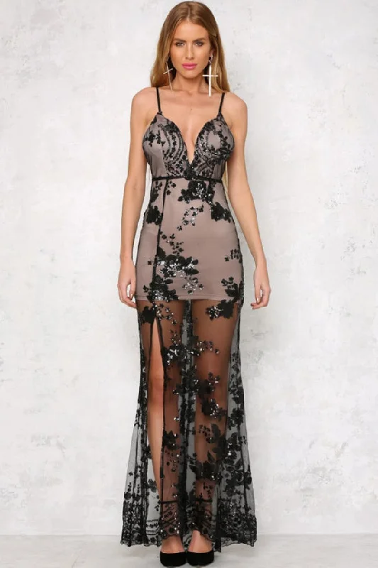 women's off-the-shoulder dressesHigh Slit Deep V Neck Spaghetti Strap Sequin Evening Maxi Dress - Black women's off-the-shoulder dressesHigh Slit Deep V Neck Spaghetti Strap Sequin Evening Maxi Dress - Black