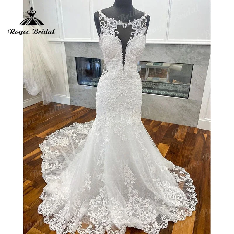 Halter DressRoycebridal Elegant Lace Appliques Mermaid/Trumpet Tulle O-Neck Wedding Dress Open Back Bridal Wedding Gowns vestido de casamento princesa Halter DressRoycebridal Elegant Lace Appliques Mermaid/Trumpet Tulle O-Neck Wedding Dress Open Back Bridal Wedding Gowns vestido de casamento princesa