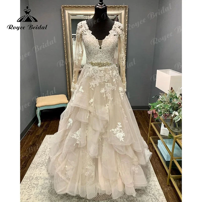 Wrap DressRoycebridal Vintage Long Sleeve Lace Appliques Beadings V Neck Wedding Dress Backless Custom Made Boho Garden Long Bridal Gown