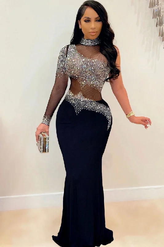 Custom DressSparkly Rhinestone High Neck Sheer Mesh Panel Evening Maxi Dress - Black Custom DressSparkly Rhinestone High Neck Sheer Mesh Panel Evening Maxi Dress - Black