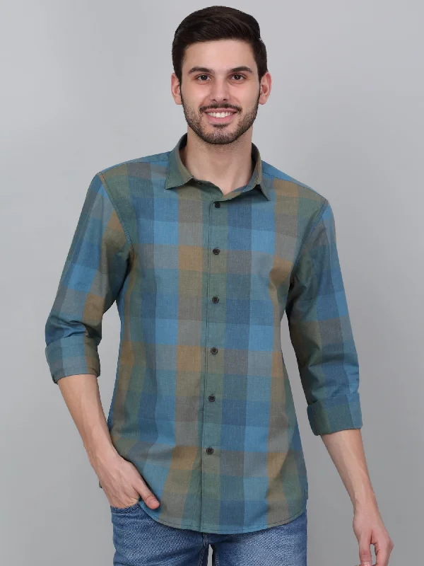 Men's Pants with Flat-Front DesignsMen's Green Checkered Full Sleeve Casual Shirt