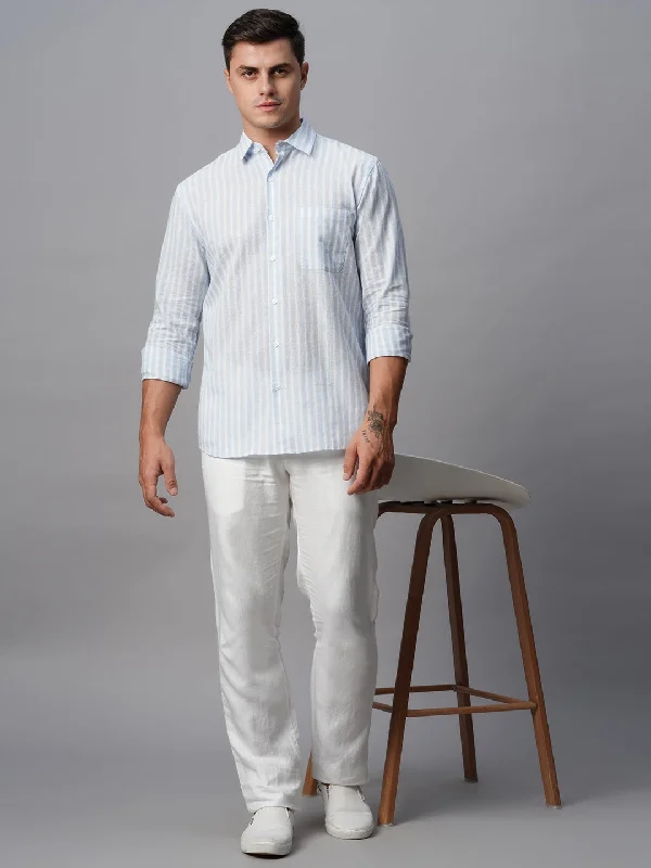 Men's Pants with UV ProtectionMen's Blue Linen Cotton Regular Fit Striped Shirt