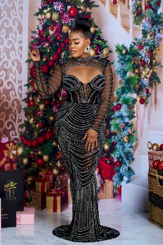 women's curve-hugging dressesSparkly Rhinestone Sheer Mesh High Neck Cutout Evening Maxi Dress - Black women's curve-hugging dressesSparkly Rhinestone Sheer Mesh High Neck Cutout Evening Maxi Dress - Black