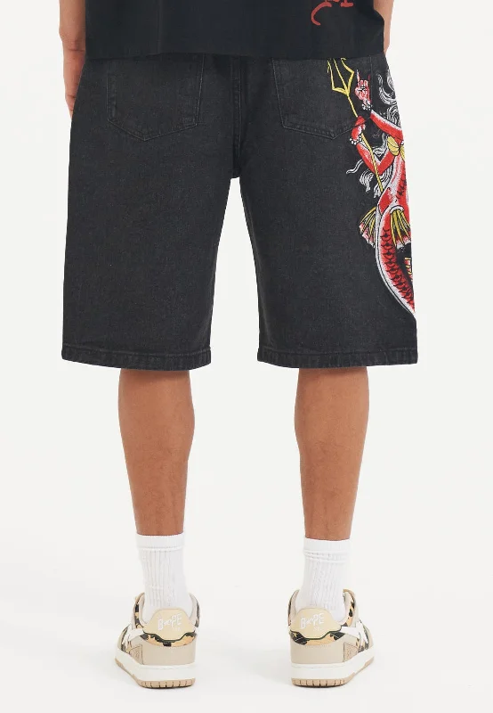 Men's Pants with Contrast WaistbandsMens Devil Mermaid Denim Jorts Shorts - Black