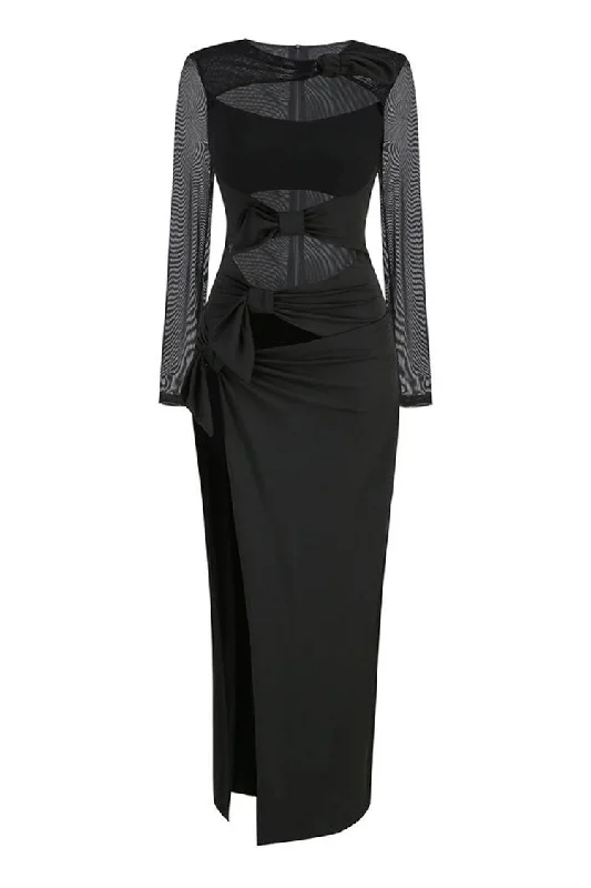 Peter Pan Collar DressSexy Sheer Mesh Bow Knot Cutout High Slit Long Sleeve Evening Maxi Dress Peter Pan Collar DressSexy Sheer Mesh Bow Knot Cutout High Slit Long Sleeve Evening Maxi Dress