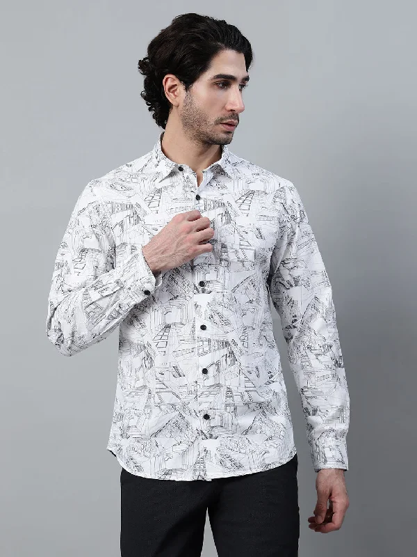 Men's Pants with Elastic CuffsMen's White Printed Full Sleeve Casual Shirt