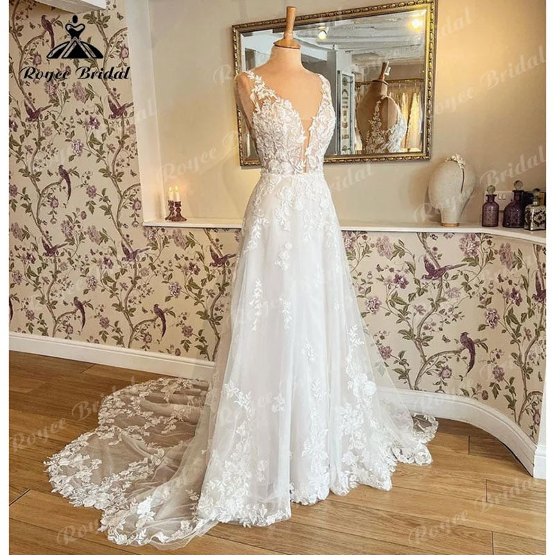 Off-The-Shoulder DressRobe Mariage A Line Tank Wedding Dress Deep V Neck Lace Floral Appliqued Bridal Gown Wedding Gown Vestidos de Noiva Elegant Off-The-Shoulder DressRobe Mariage A Line Tank Wedding Dress Deep V Neck Lace Floral Appliqued Bridal Gown Wedding Gown Vestidos de Noiva Elegant