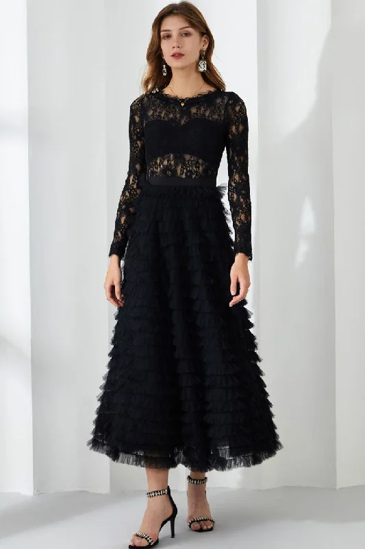 women's apple-shaped body dressesChic Eyelash Lace Long Sleeve Tiered Ruffle Tulle Evening Maxi Dress - Black women's apple-shaped body dressesChic Eyelash Lace Long Sleeve Tiered Ruffle Tulle Evening Maxi Dress - Black