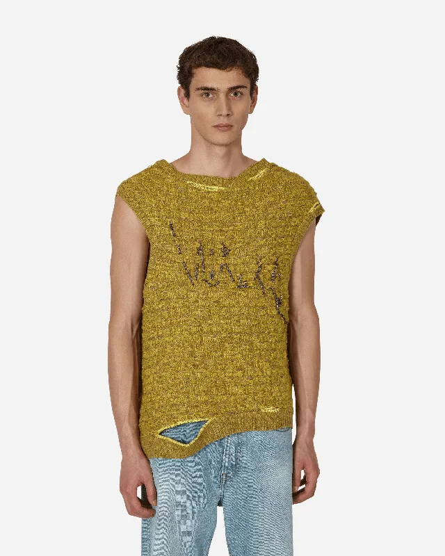 Men's Sweaters with Pleated DesignsCrochet Logo Stitch Basket Gilet Yellow