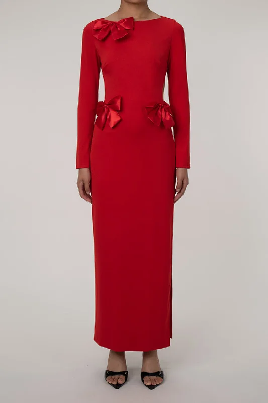 women's empire waist dressesGlamorous Big Bow Crew Neck Long Sleeve Cutout Back Split Evening Maxi Dress - Red women's empire waist dressesGlamorous Big Bow Crew Neck Long Sleeve Cutout Back Split Evening Maxi Dress - Red
