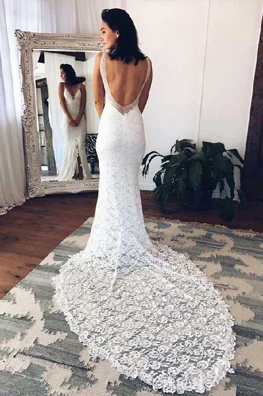 women's designer dressesRoycebridal Gorgeous White Deep V-Neck Lace Mermaid Wedding Dress with Split, MW240 women's designer dressesRoycebridal Gorgeous White Deep V-Neck Lace Mermaid Wedding Dress with Split, MW240