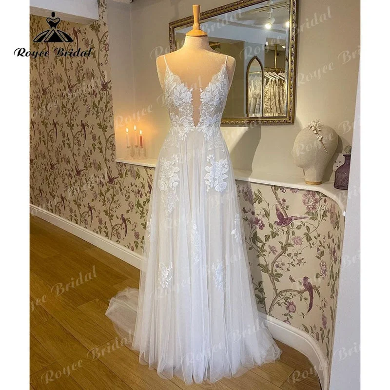 Tiered DressRobe Mariage A Line Boho Wedding Dress with V Neck Lace Appliqued Spaghetti Straps Sweep vestido para boda playa elegant Tiered DressRobe Mariage A Line Boho Wedding Dress with V Neck Lace Appliqued Spaghetti Straps Sweep vestido para boda playa elegant