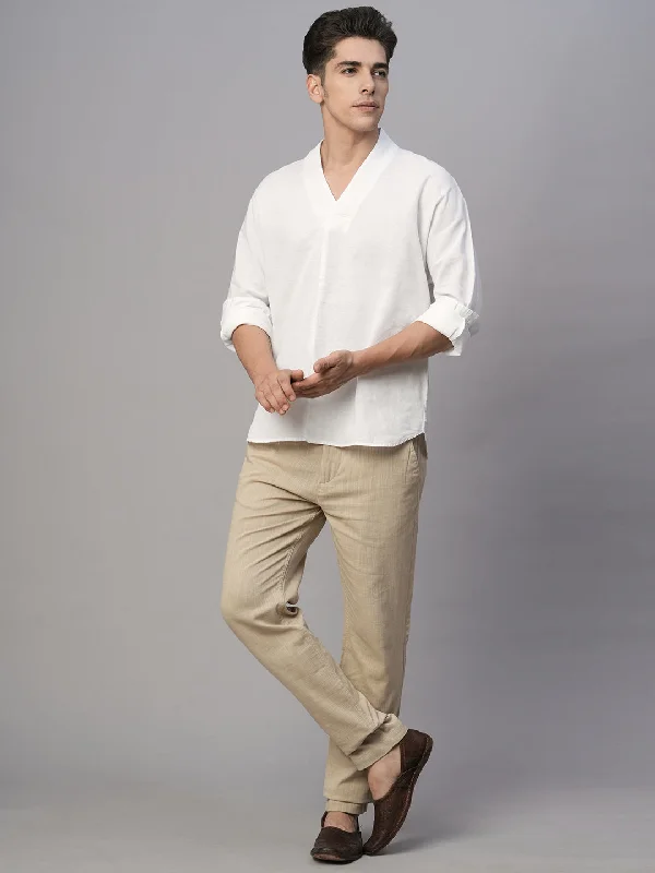Men's Pants with Belt LoopsMen's White Cotton Linen Regular Fit Shirt