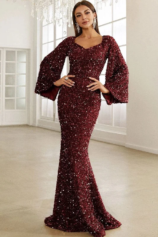 women's satin dressesSparkly Sequin V Neck Bell Sleeve Fishtail Evening Maxi Dress - Burgundy