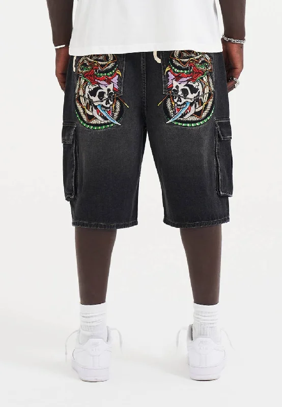 Men's Elastic-Waisted Pants for Easy MovementMens Skull Dagger Thru Snake Relaxed Denim Cargo Jorts Shorts - Black Men's Elastic-Waisted Pants for Easy MovementMens Skull Dagger Thru Snake Relaxed Denim Cargo Jorts Shorts - Black