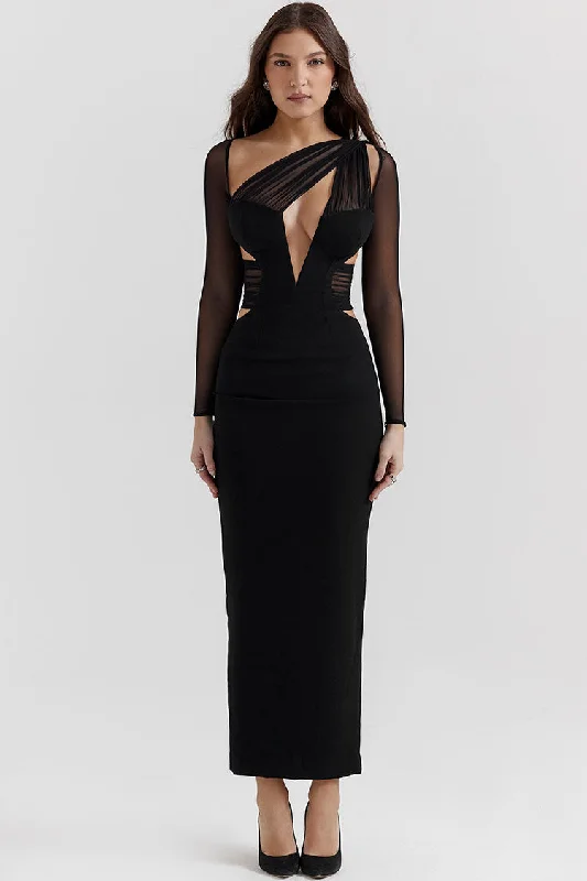 Tall Women DressSexy Sheer Ruched One Shoulder Cutout Bodycon Evening Maxi Dress - Black Tall Women DressSexy Sheer Ruched One Shoulder Cutout Bodycon Evening Maxi Dress - Black