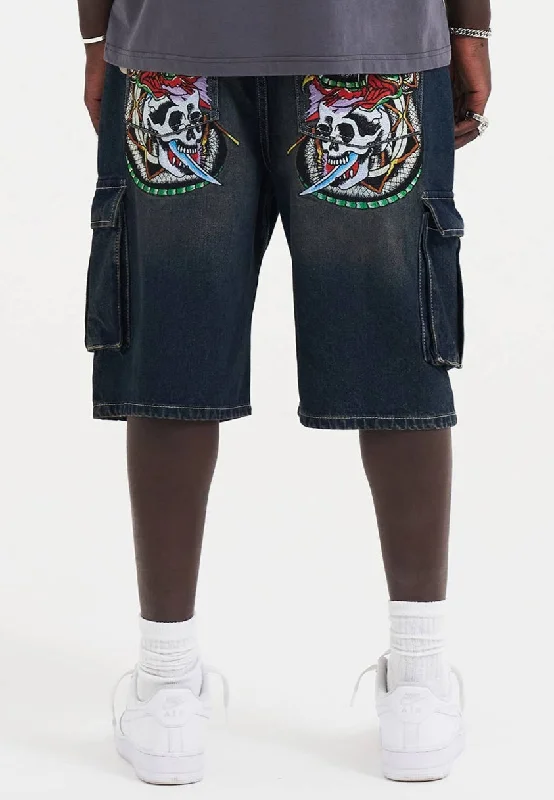 Men's Patterned Pants with Camouflage PrintsMens Skull Dagger Thru Snake Relaxed Denim Cargo Jorts Shorts - Indigo Men's Patterned Pants with Camouflage PrintsMens Skull Dagger Thru Snake Relaxed Denim Cargo Jorts Shorts - Indigo