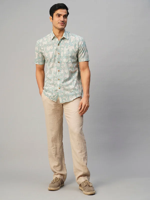 Men's Pants with Belt LoopsMen's Cotton Hand Block Printed Regular Fit Grey Shirt