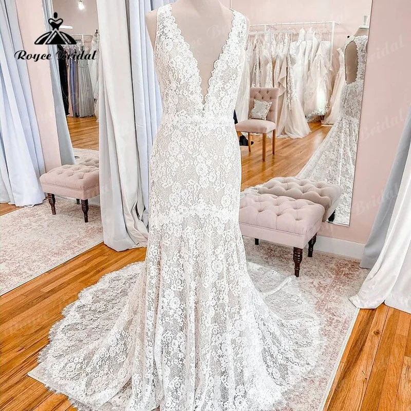 women's retro dressesRoycebridal Deep V neck Lace Sleeveless Open Back Mermaid/Trumpet Wedding Dress Sweep Train 2025 Sexy Bridal Gown vestido para boda playa women's retro dressesRoycebridal Deep V neck Lace Sleeveless Open Back Mermaid/Trumpet Wedding Dress Sweep Train 2025 Sexy Bridal Gown vestido para boda playa