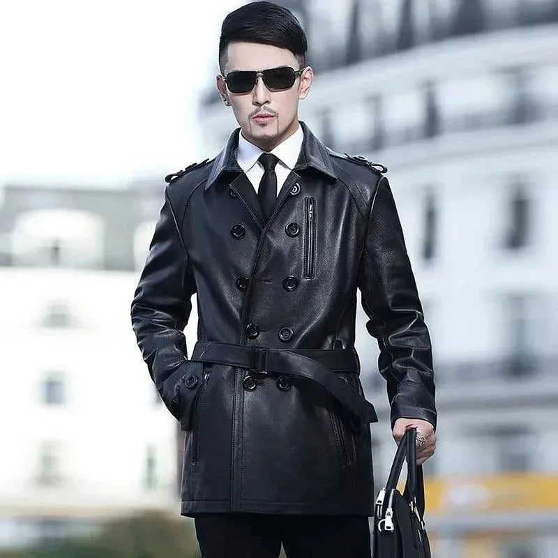 Casual Men's Bomber JacketsDouble-Breasted Leather Trench Coat Men