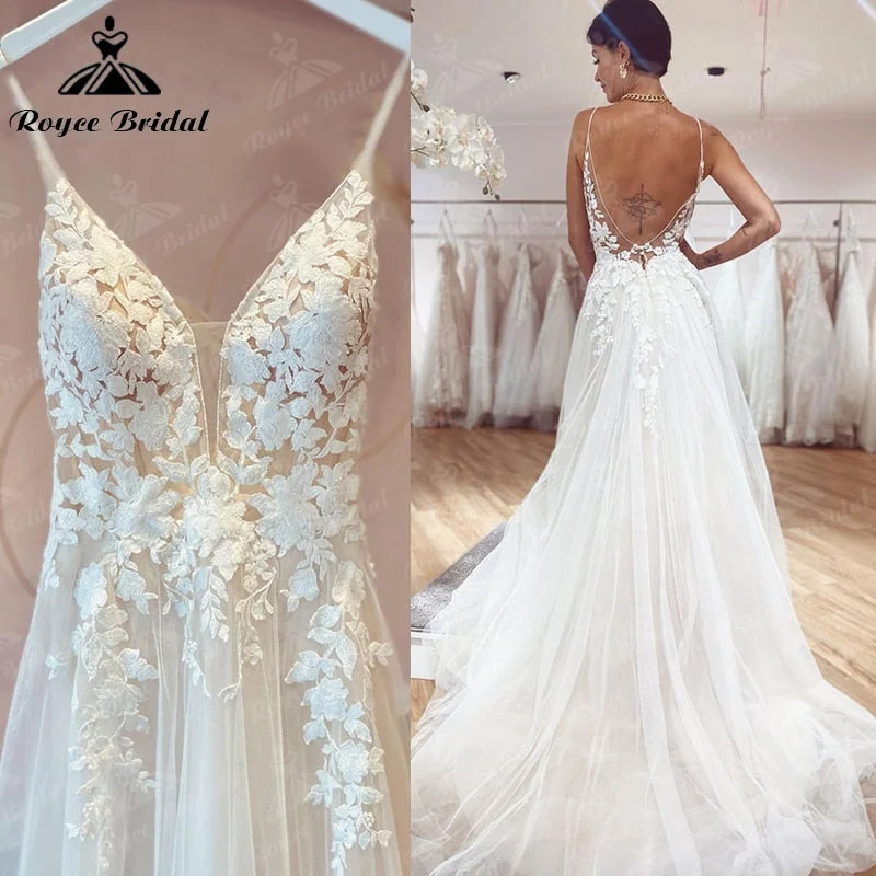 Elegant Dressvestido de novia Boho Vintage Fairy Wedding Dress Lace Applqiues Spaghetti Straps V Neck Bridal Gowns Tulle A Line trouwjurk Elegant Dressvestido de novia Boho Vintage Fairy Wedding Dress Lace Applqiues Spaghetti Straps V Neck Bridal Gowns Tulle A Line trouwjurk