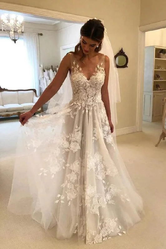women's breathable dressesRoycebridal Gorgeous A-line Lace V-neck Tulle Long Wedding Dress with Appliques,MW289 women's breathable dressesRoycebridal Gorgeous A-line Lace V-neck Tulle Long Wedding Dress with Appliques,MW289