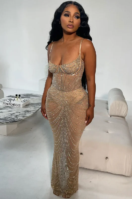 Beaded DressSexy Rhinestone Bustier Sheer Mesh Sleeveless Split Evening Maxi Dress - Apricot Beaded DressSexy Rhinestone Bustier Sheer Mesh Sleeveless Split Evening Maxi Dress - Apricot