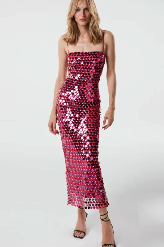 women's business casual dressesSparkly Mermaid Sequin Spaghetti Strap Split Evening Maxi Dress - Rose