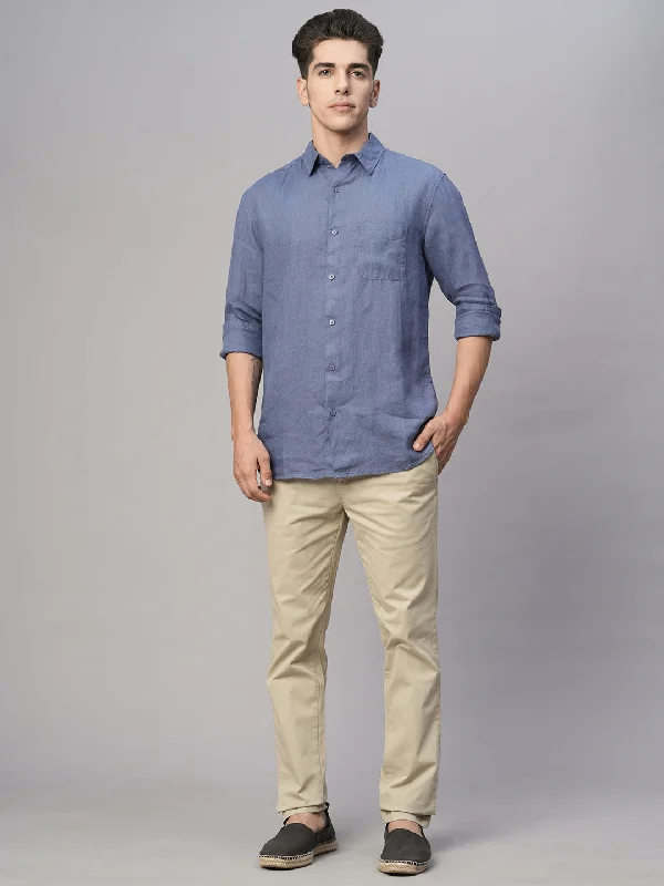 Layered Men's OverallsMen's Blue 100% Linen Regular Fit Shirt