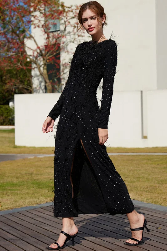 Asymmetric DressLuxury Rhinestone Faux Feather Trim Split Mesh Evening Maxi Dress - Black