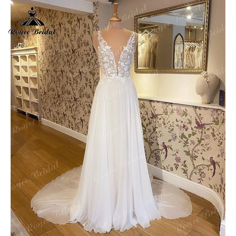 Vintage Dressrobes de soirée Beach Wedding Dress Deep V Neck Lace Appliqued Chiffon Tank Boho Wedding Party Gown vestido para boda playa 2022 Vintage Dressrobes de soirée Beach Wedding Dress Deep V Neck Lace Appliqued Chiffon Tank Boho Wedding Party Gown vestido para boda playa 2022