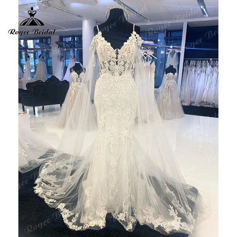 Sleeveless DressRoycebridal V Neck Spaghetti Straps Mermaid Wedding Dress with Shawl Appliques Lace Tulle Court Train Backless Bridal Gowns 2025