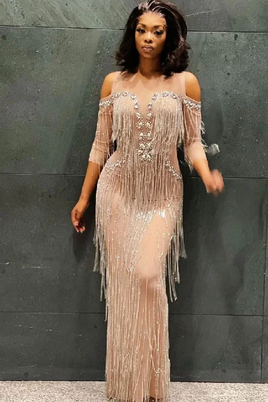 women's maxi dressesSparkly Cold Shoulder Sheer Maxi Rhinestone Fringe Split Evening Maxi Dress - Silver women's maxi dressesSparkly Cold Shoulder Sheer Maxi Rhinestone Fringe Split Evening Maxi Dress - Silver