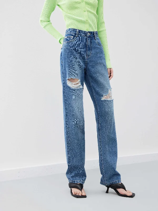 Classic Blue Men's JeansCotton Ripped Straight Jeans