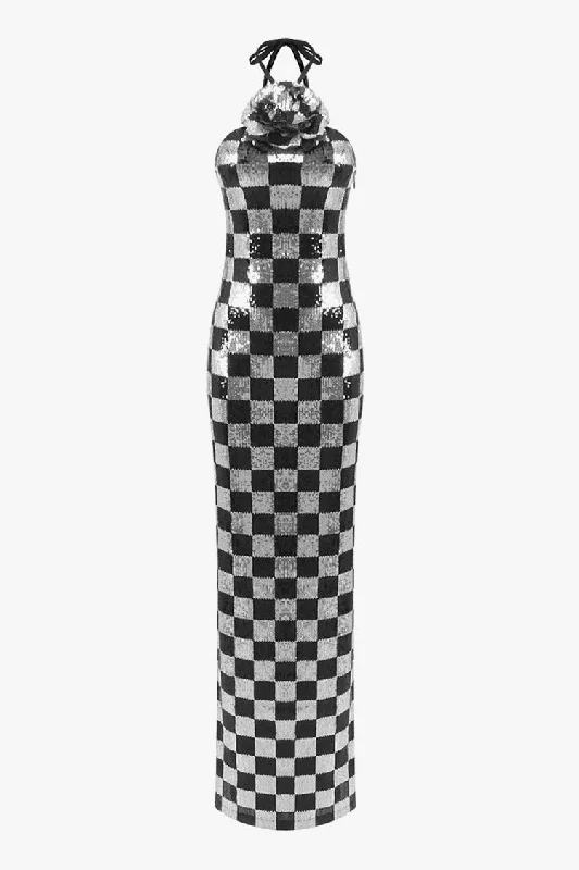women's lightweight dressesRomantic Checkered Rosette Applique Sequin Halter Evening Maxi Dress women's lightweight dressesRomantic Checkered Rosette Applique Sequin Halter Evening Maxi Dress
