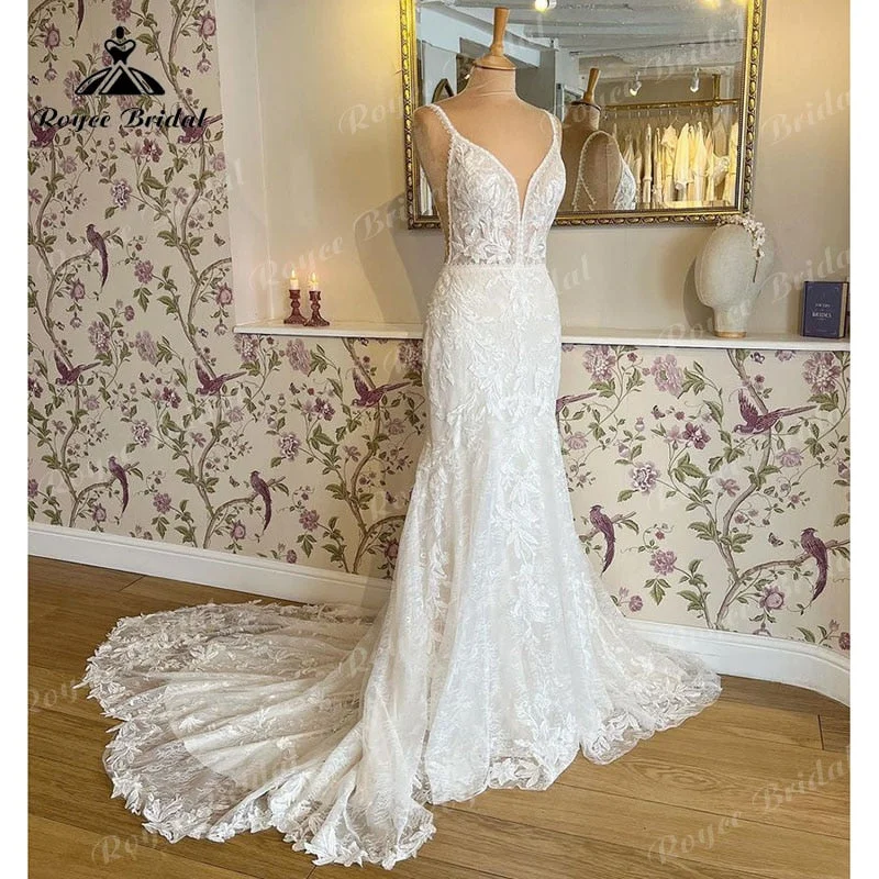 Backless Dressvestidos Mermaid Spaghetti Straps Wedding Dress Lace Applique Backless V Neck Court Train Trumpet vestido de boda corte sirena Backless Dressvestidos Mermaid Spaghetti Straps Wedding Dress Lace Applique Backless V Neck Court Train Trumpet vestido de boda corte sirena