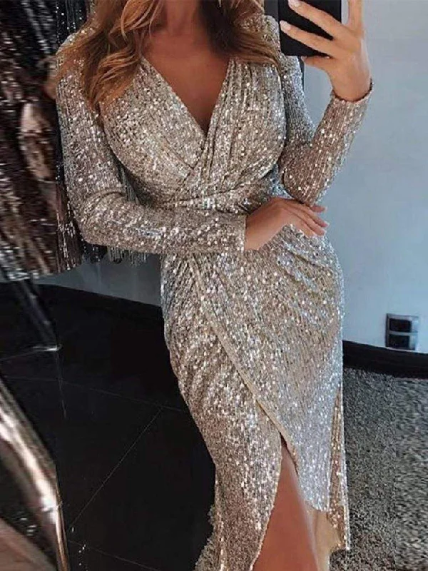 Plus-Size DressLong Sleeve Sequin High Split Party Dress