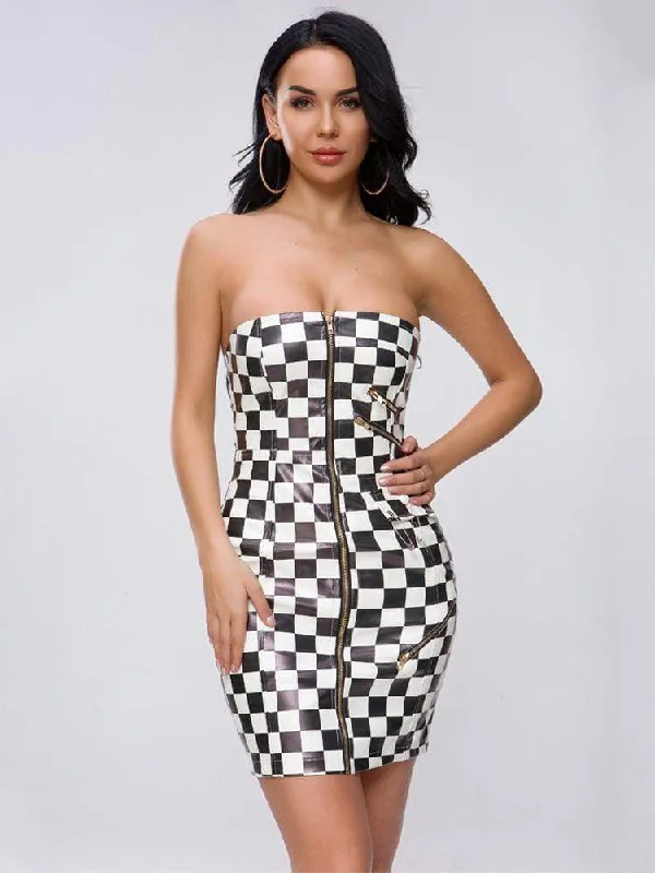 Flutter-Sleeve DressMajd Grid Leather Party Dress