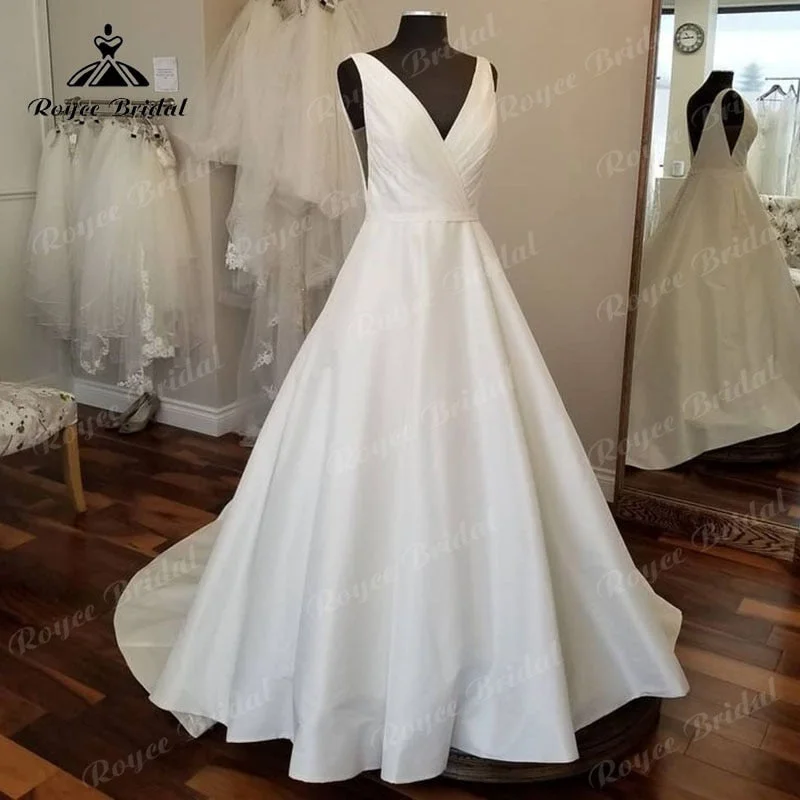 Plunging Neckline DressRoycebridal Satin V Neck Sleeveless Simple Wedding Dress Open Back 2025 Ball Gown Bridal Wedding Women robe de mariée Elegant Plunging Neckline DressRoycebridal Satin V Neck Sleeveless Simple Wedding Dress Open Back 2025 Ball Gown Bridal Wedding Women robe de mariée Elegant