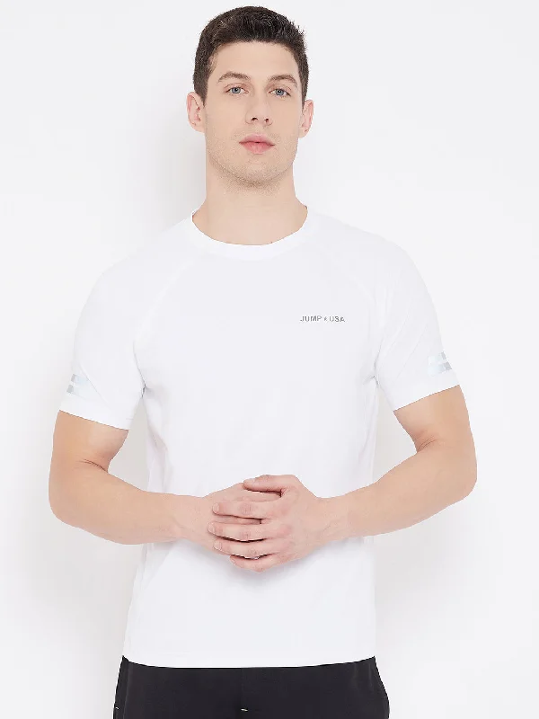 Men's Shirts with Lace-Up HemlinesJUMP USA Men White Solid Round Neck Sports T-shirt Men's Shirts with Lace-Up HemlinesJUMP USA Men White Solid Round Neck Sports T-shirt