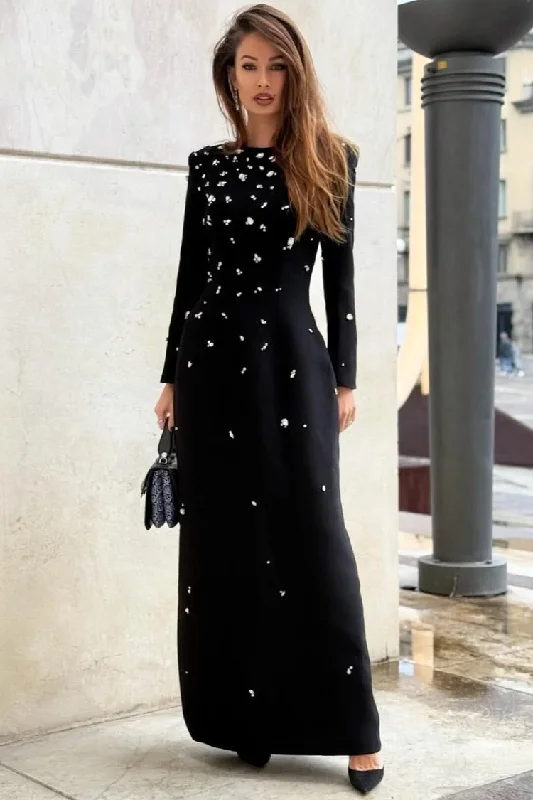 Ruffled Hem DressLuxury Crystal Shoulder Pad Crew Neck Long Sleeve Evening Maxi Dress Ruffled Hem DressLuxury Crystal Shoulder Pad Crew Neck Long Sleeve Evening Maxi Dress