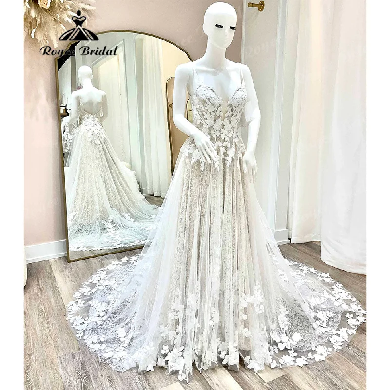 women's club dressesVintage Plunging Lace Floral Champagne Open Back Boho Women Wedding Dress 2025 Bridal Gowns Spaghetti Straps abito da sposa Sexy