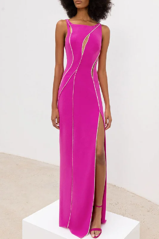 women's sustainable dressesSparkly Rhinestone Mesh Panel Sleeveless Split Evening Maxi Dress - Hot Pink women's sustainable dressesSparkly Rhinestone Mesh Panel Sleeveless Split Evening Maxi Dress - Hot Pink