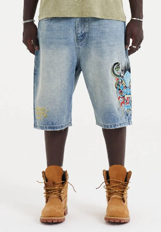 Layered Men's OverallsMens Medusa Drag Denim Skater Jorts Shorts - Bleach
