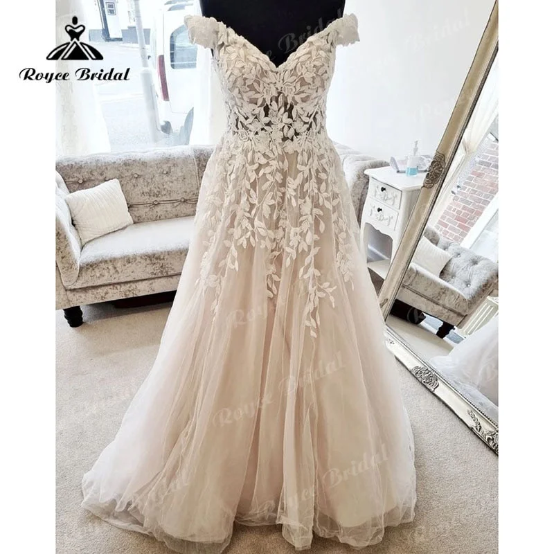 women's cotton dressesModest Off the Shoulder Lace Appliques V Neck A Line Beach Wedding Dress 2025 Chic Robe Bridal Gown for Women Custom Made