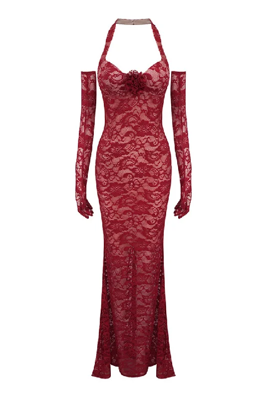 Leather DressVintage Rosette Halter Opera Glove Floral Lace Fishtail Evening Maxi Dress Leather DressVintage Rosette Halter Opera Glove Floral Lace Fishtail Evening Maxi Dress
