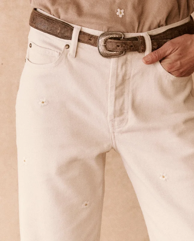 Sustainable Men's JeansThe Embroidered Daisy Wayne Jean.. -- Natural with Embroidered Daisies Sustainable Men's JeansThe Embroidered Daisy Wayne Jean.. -- Natural with Embroidered Daisies