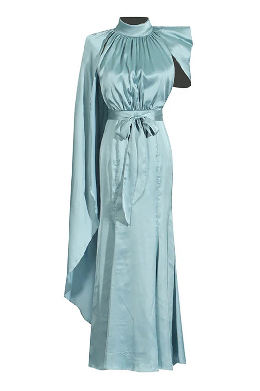 Spaghetti Strap DressAsymmetrical Cape Sleeve Ruched Mock Neck Satin Fishtail Evening Maxi Dress Spaghetti Strap DressAsymmetrical Cape Sleeve Ruched Mock Neck Satin Fishtail Evening Maxi Dress