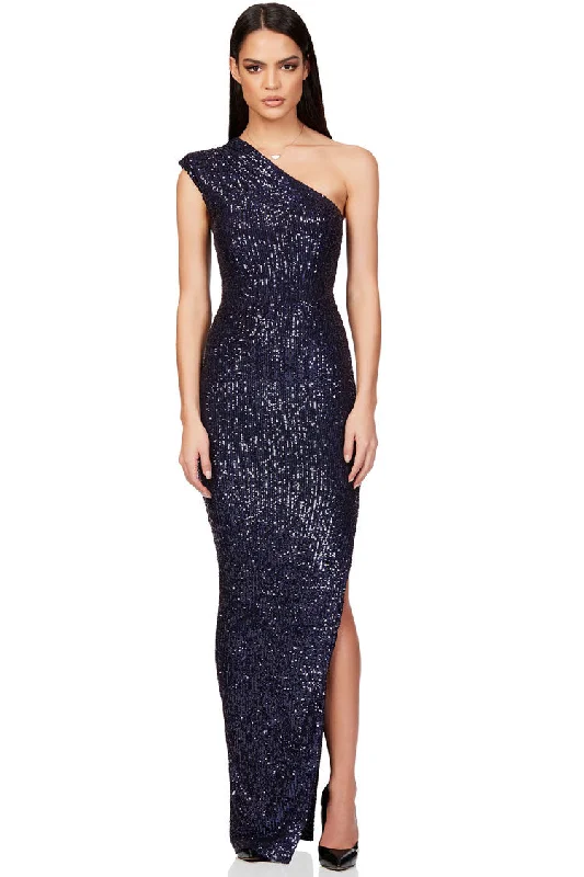 women's travel dressesElegant Padded One Shoulder Split Sequin Evening Maxi Dress - Blue women's travel dressesElegant Padded One Shoulder Split Sequin Evening Maxi Dress - Blue