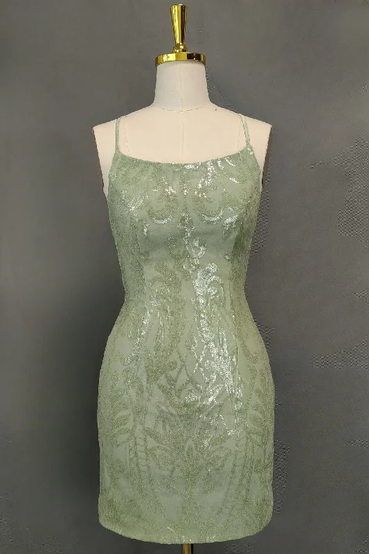 Retro DressCute Green Spaghetti straps  Lace Up Sequined Homecoming Party Dress